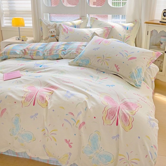 91家纺网 家纺一手货源 找家纺 暖芯优选 2025直播爆款全棉ins印花四件套纯棉床单床笠学生三件套9月上新 恋蝶花瑶