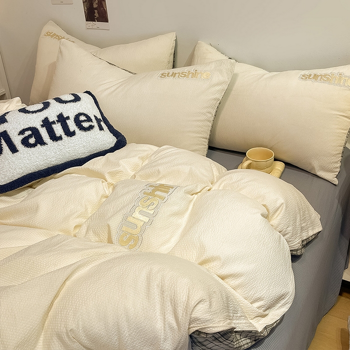 91家纺网 家纺一手货源 找家纺 眠帛家居 2024新款水洗棉磨毛提花刺绣四件套阳光系列 阳光-奶杏