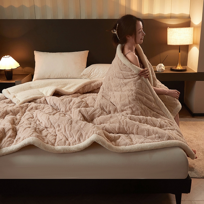 91家纺网 家纺一手货源 找家纺 澳梵家居 2024新款三层夹棉加厚塔肤绒毛毯-场景二 卡其白