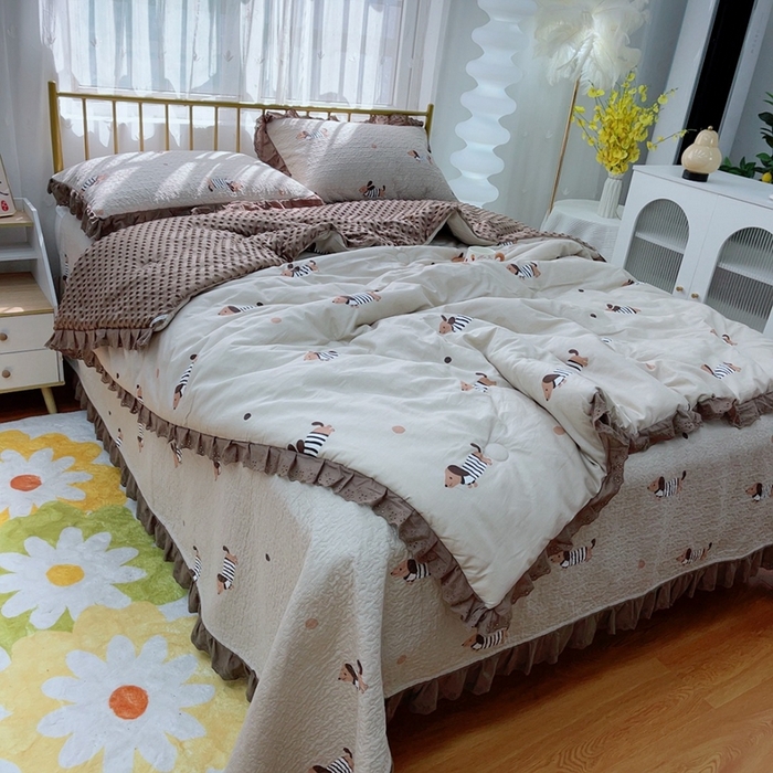 91家纺网 家纺一手货源 找家纺 暖居 2024暖居韩版纯棉豆豆被高温砂洗床盖四件套同款全棉被套 拉拉狗