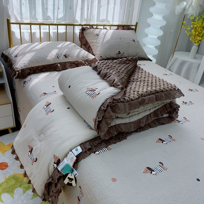 91家纺网 家纺一手货源 找家纺 暖居 2024暖居韩版纯棉豆豆被高温砂洗床盖四件套同款全棉被套 拉拉狗