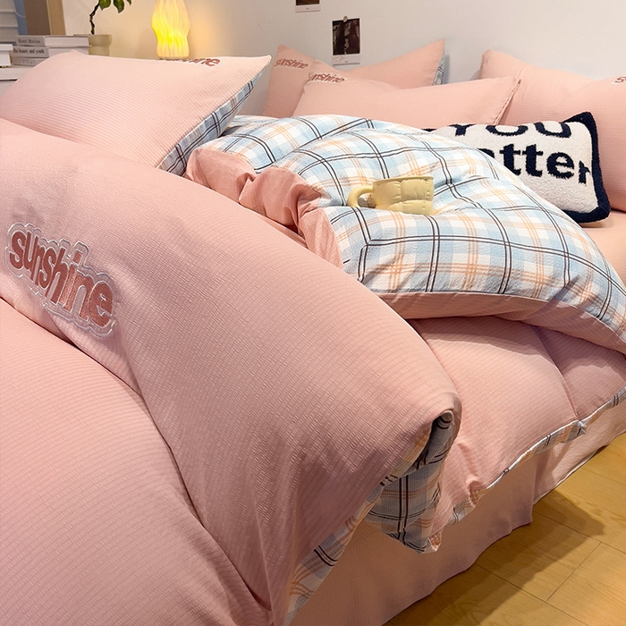 91家纺网 家纺一手货源 找家纺 眠帛家居 2024新款水洗棉磨毛提花刺绣四件套阳光系列 阳光-奶油粉