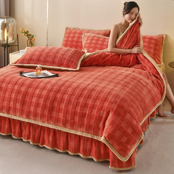 91家纺网 家纺一手货源 找家纺 满羽 2024新款雕花牛奶绒四件套 雅致格调-橘红