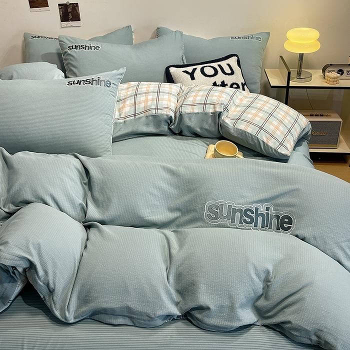 91家纺网 家纺一手货源 找家纺 眠帛家居 2024新款水洗棉磨毛提花刺绣四件套阳光系列 阳光-繁星蓝