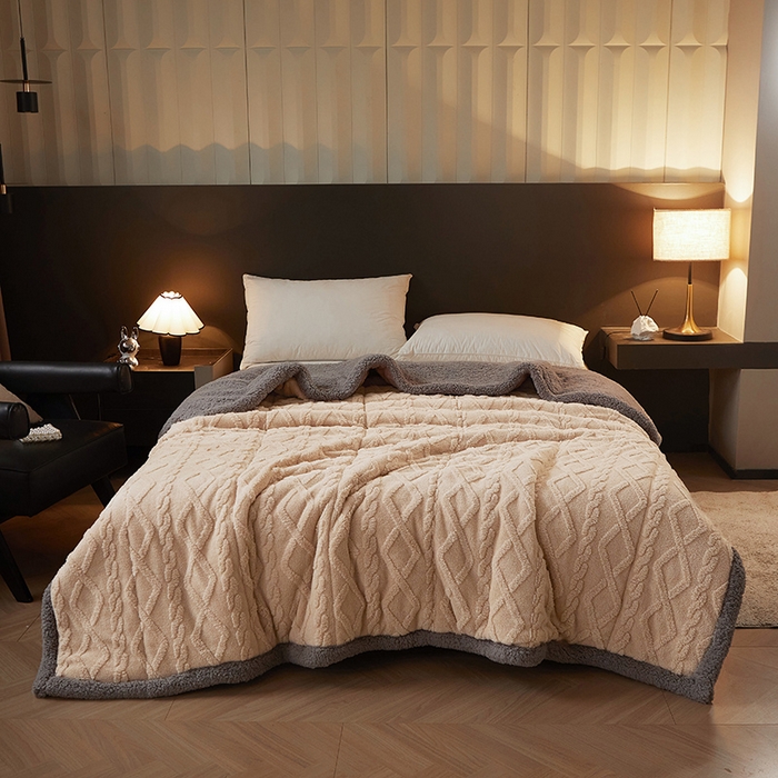 91家纺网 家纺一手货源 找家纺 澳梵家居 2024新款三层夹棉加厚塔肤绒毛毯-场景二 卡其灰