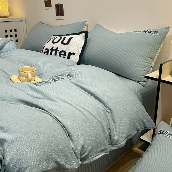 91家纺网 家纺一手货源 找家纺 眠帛家居 2024新款水洗棉磨毛提花刺绣四件套阳光系列 阳光-繁星蓝