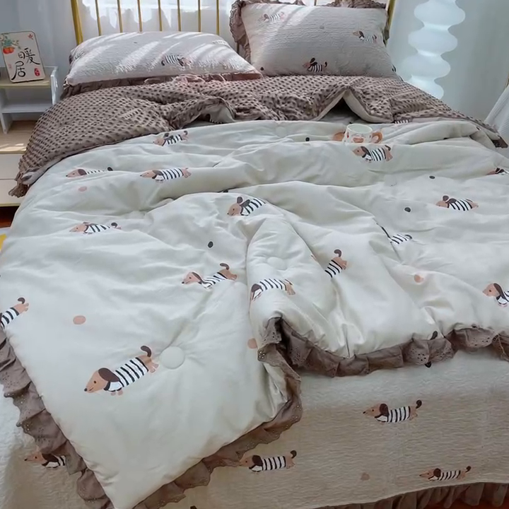 91家纺网 家纺一手货源 找家纺 暖居 2024暖居韩版纯棉豆豆被高温砂洗床盖四件套同款全棉被套 拉拉狗