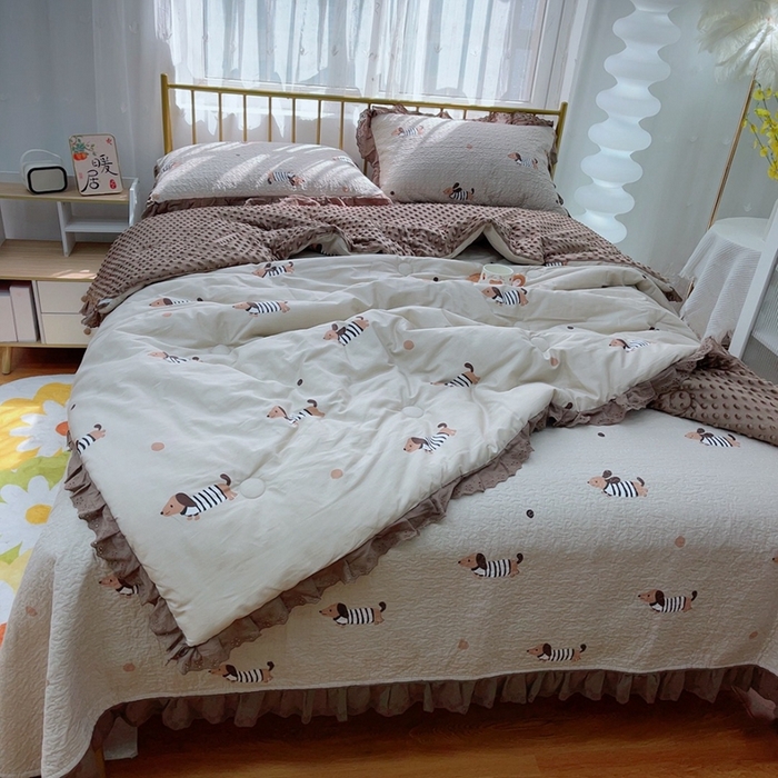 91家纺网 家纺一手货源 找家纺 暖居 2024暖居韩版纯棉豆豆被高温砂洗床盖四件套同款全棉被套 拉拉狗