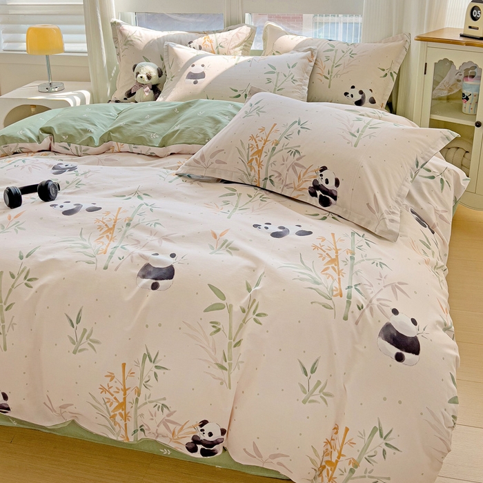 91家纺网 家纺一手货源 找家纺 暖芯优选 2025直播爆款全棉ins印花四件套纯棉床单床笠学生三件套9月上新 熊猫竹园