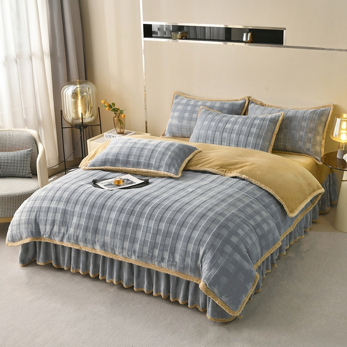 91家纺网 家纺一手货源 找家纺 满羽 2024新款雕花牛奶绒四件套 雅致格调-蓝灰