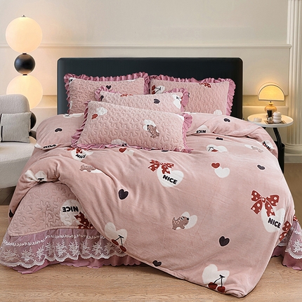 2024新款亲肤牛奶绒夹棉床盖四件套 甜心