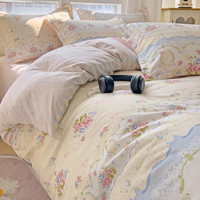 91家纺网 家纺一手货源 找家纺 暖芯优选 2025直播爆款全棉ins印花四件套纯棉床单床笠学生三件套9月上新 时光漫旅