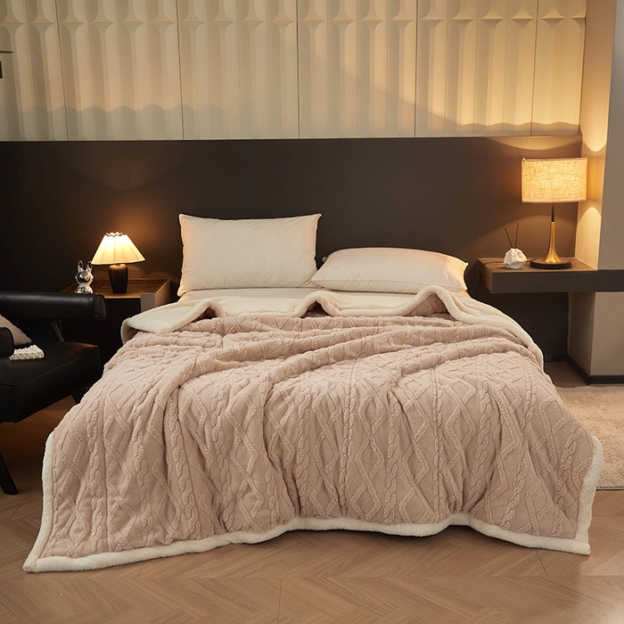 91家纺网 家纺一手货源 找家纺 澳梵家居 2024新款三层夹棉加厚塔肤绒毛毯-场景二 卡其白