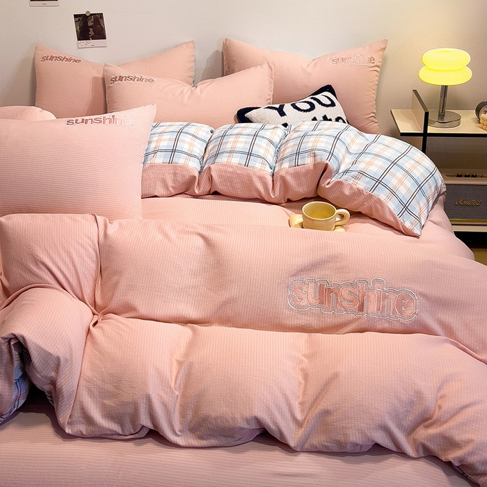 91家纺网 家纺一手货源 找家纺 眠帛家居 2024新款水洗棉磨毛提花刺绣四件套阳光系列 阳光-奶油粉