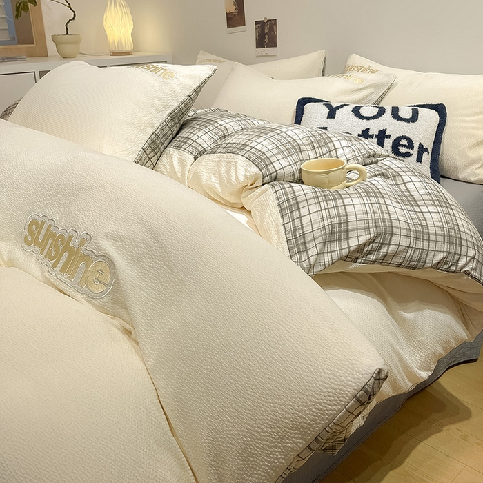 91家纺网 家纺一手货源 找家纺 眠帛家居 2024新款水洗棉磨毛提花刺绣四件套阳光系列 阳光-奶杏