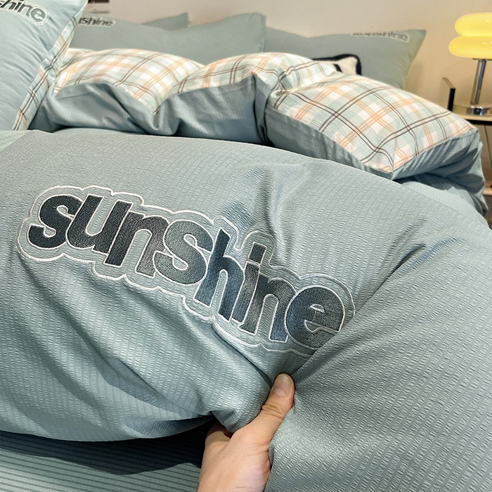 91家纺网 家纺一手货源 找家纺 眠帛家居 2024新款水洗棉磨毛提花刺绣四件套阳光系列 阳光-繁星蓝