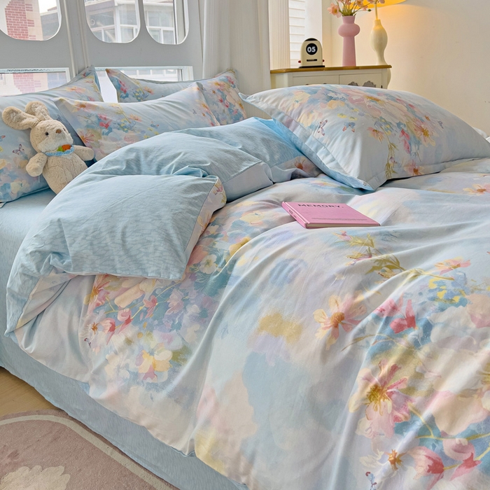 91家纺网 家纺一手货源 找家纺 暖芯优选 2025直播爆款全棉ins印花四件套纯棉床单床笠学生三件套9月上新 优漫蓝语