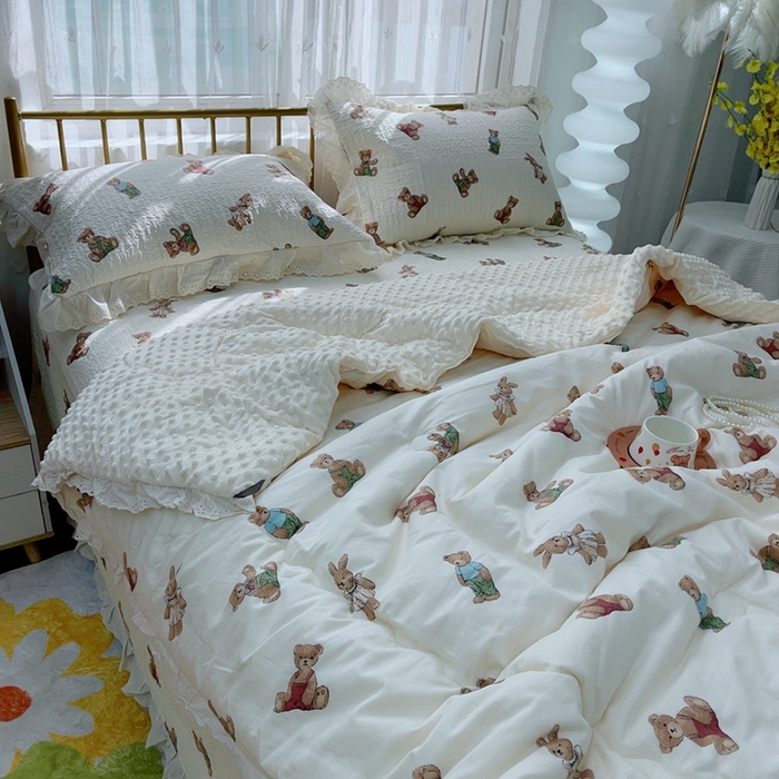 91家纺网 家纺一手货源 找家纺 暖居 2024暖居韩版纯棉豆豆被高温砂洗床盖四件套同款全棉被套 熊和兔