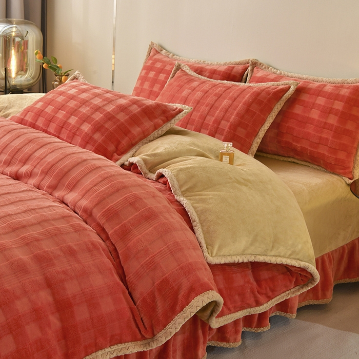 91家纺网 家纺一手货源 找家纺 满羽 2024新款雕花牛奶绒四件套 雅致格调-橘红