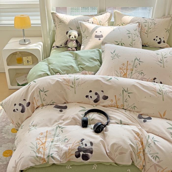 91家纺网 家纺一手货源 找家纺 暖芯优选 2025直播爆款全棉ins印花四件套纯棉床单床笠学生三件套9月上新 熊猫竹园