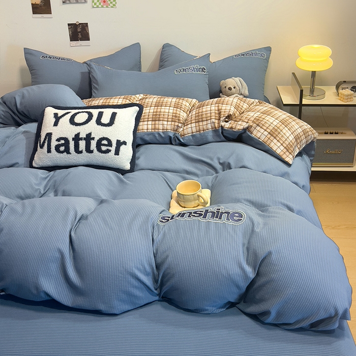 91家纺网 家纺一手货源 找家纺 眠帛家居 2024新款水洗棉磨毛提花刺绣四件套阳光系列 阳光-冰岛蓝