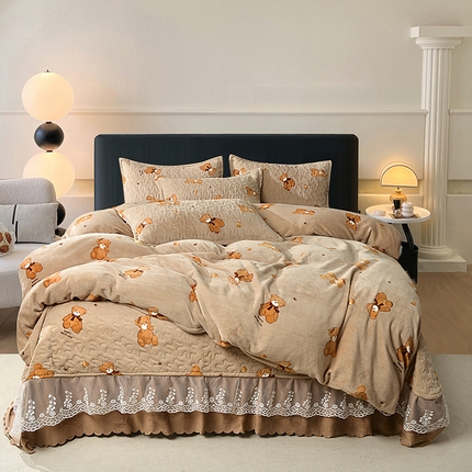 2024新款亲肤牛奶绒夹棉床盖四件套 咖啡熊