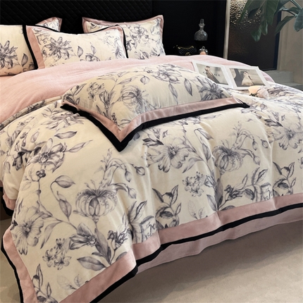 91家纺网 家纺一手货源 找家纺 （总）首尔家纺 2024新款牛奶绒轻奢宽边法式印花四件套