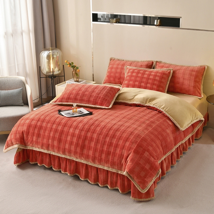 91家纺网 家纺一手货源 找家纺 满羽 2024新款雕花牛奶绒四件套 雅致格调-橘红