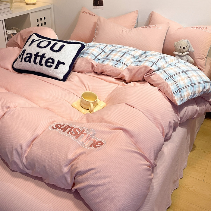 91家纺网 家纺一手货源 找家纺 眠帛家居 2024新款水洗棉磨毛提花刺绣四件套阳光系列 阳光-奶油粉