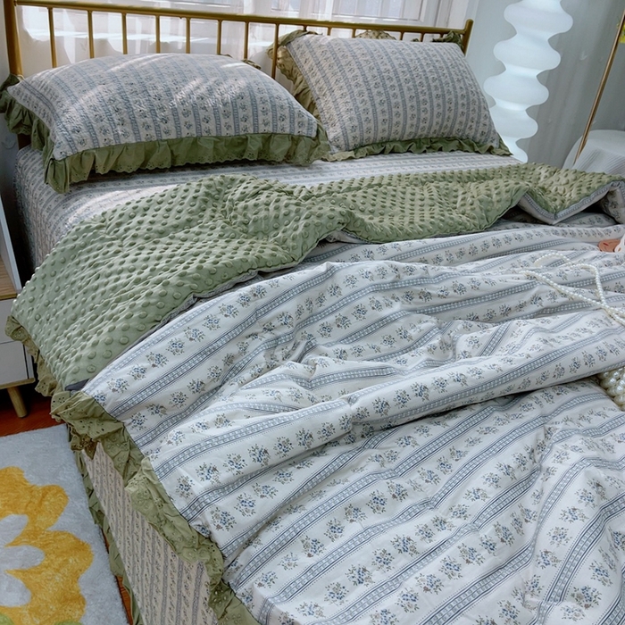 91家纺网 家纺一手货源 找家纺 暖居 2024暖居韩版纯棉豆豆被高温砂洗床盖四件套同款全棉被套 可可庄园