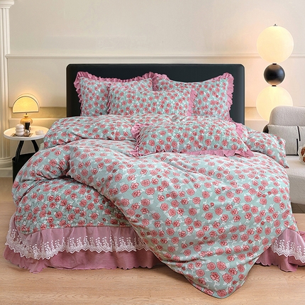 2024新款亲肤牛奶绒夹棉床盖四件套 粉色玫瑰