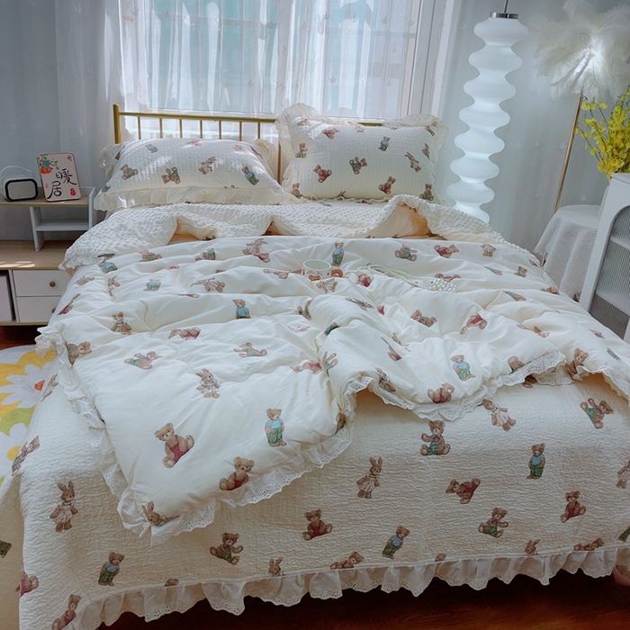 91家纺网 家纺一手货源 找家纺 暖居 2024暖居韩版纯棉豆豆被高温砂洗床盖四件套同款全棉被套 熊和兔