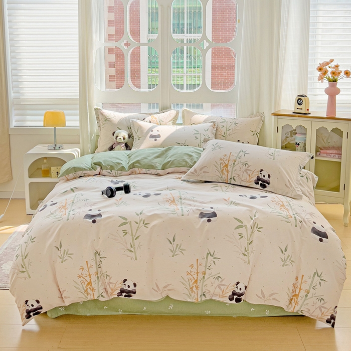 91家纺网 家纺一手货源 找家纺 暖芯优选 2025直播爆款全棉ins印花四件套纯棉床单床笠学生三件套9月上新 熊猫竹园