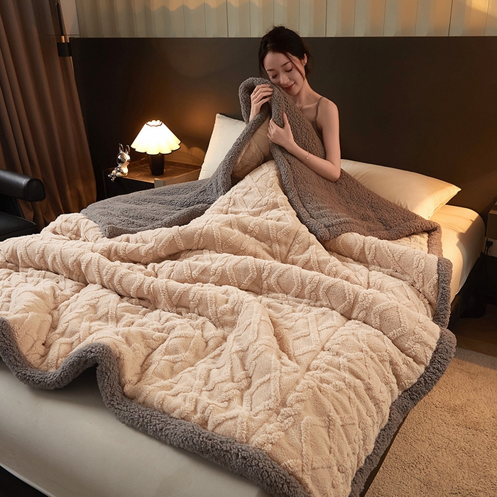 91家纺网 家纺一手货源 找家纺 澳梵家居 2024新款三层夹棉加厚塔肤绒毛毯-场景二 卡其灰