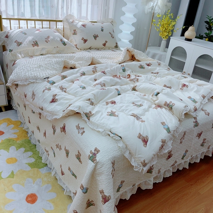 91家纺网 家纺一手货源 找家纺 暖居 2024暖居韩版纯棉豆豆被高温砂洗床盖四件套同款全棉被套 熊和兔