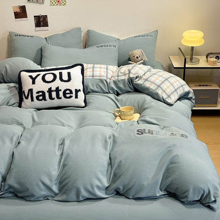 91家纺网 家纺一手货源 找家纺 眠帛家居 2024新款水洗棉磨毛提花刺绣四件套阳光系列 阳光-繁星蓝