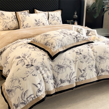 91家纺网 家纺一手货源 找家纺 首尔家纺 2024新款牛奶绒轻奢宽边法式印花四件套 石榴花-咖