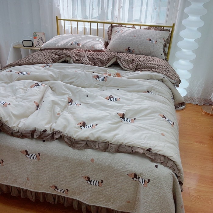 91家纺网 家纺一手货源 找家纺 暖居 2024暖居韩版纯棉豆豆被高温砂洗床盖四件套同款全棉被套 拉拉狗