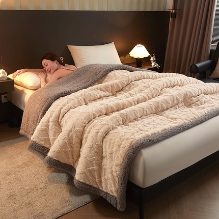 澳梵家居 2024新款三层夹棉加厚塔肤绒毛毯-场景二 卡其灰