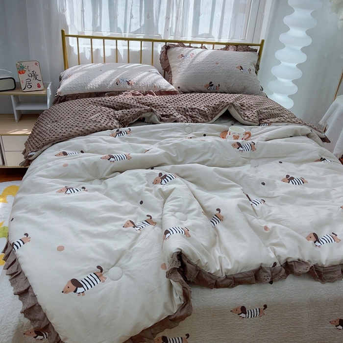 91家纺网 家纺一手货源 找家纺 暖居 2024暖居韩版纯棉豆豆被高温砂洗床盖四件套同款全棉被套 拉拉狗