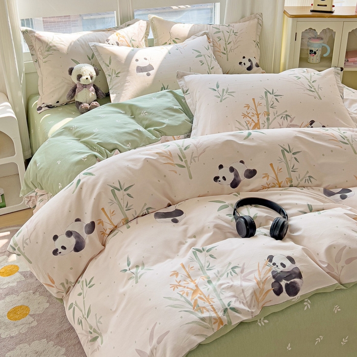 91家纺网 家纺一手货源 找家纺 暖芯优选 2025直播爆款全棉ins印花四件套纯棉床单床笠学生三件套9月上新 熊猫竹园