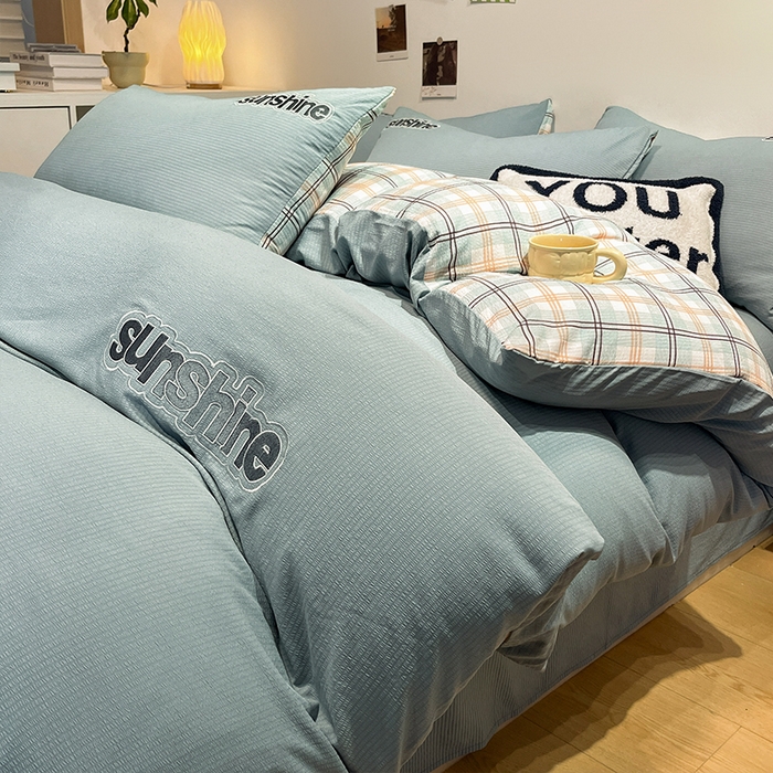 91家纺网 家纺一手货源 找家纺 眠帛家居 2024新款水洗棉磨毛提花刺绣四件套阳光系列 阳光-繁星蓝