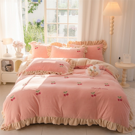 眷恋家纺 2024新款牛奶绒花边郁金香花卉刺绣四件套 樱桃-浅粉+香槟