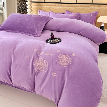 91家纺网 家纺一手货源 找家纺 （总）梦舒羽 2025新款200克刺绣牛奶绒四件套珊瑚绒雪花绒床单款套件