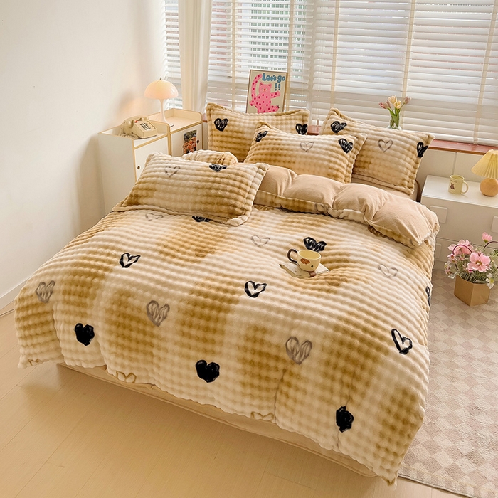 91家纺网 家纺一手货源 找家纺 宜家坊 2024新款牛奶绒泡泡印花四件套系列二 爱心泡泡-咖