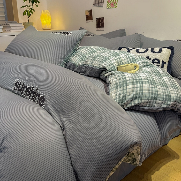 91家纺网 家纺一手货源 找家纺 眠帛家居 2024新款水洗棉磨毛提花刺绣四件套阳光系列 阳光-雾灰