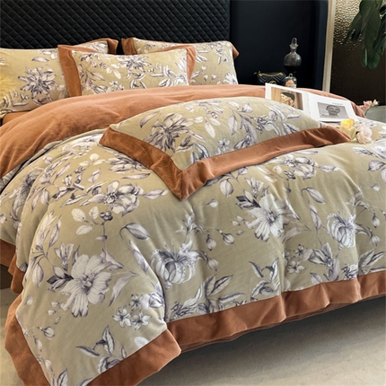 91家纺网 家纺一手货源 找家纺 首尔家纺 2024新款牛奶绒轻奢宽边法式印花四件套 石榴花-抹茶