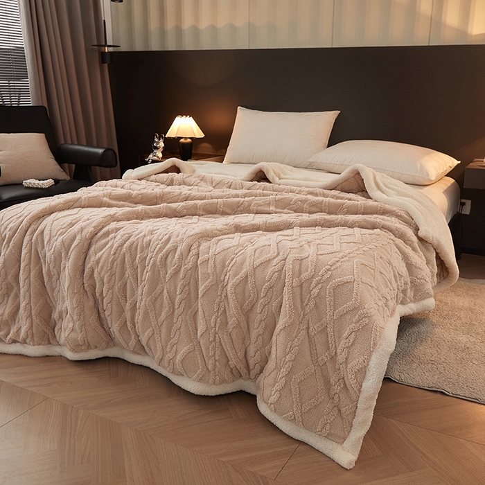 91家纺网 家纺一手货源 找家纺 澳梵家居 2024新款三层夹棉加厚塔肤绒毛毯-场景二 卡其白