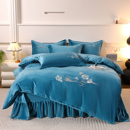 2024新款母婴级花边床单款婴儿绒刺绣四件套 长相思-湖绿