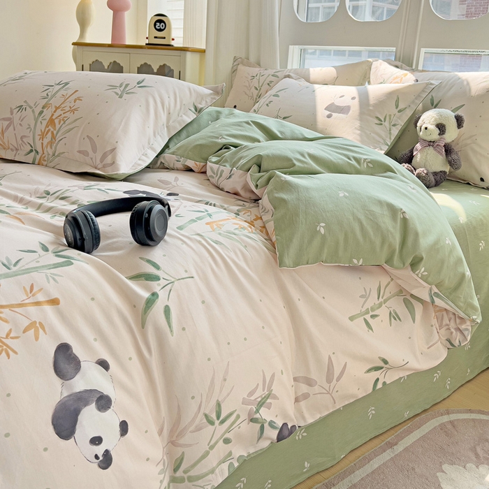 91家纺网 家纺一手货源 找家纺 暖芯优选 2025直播爆款全棉ins印花四件套纯棉床单床笠学生三件套9月上新 熊猫竹园